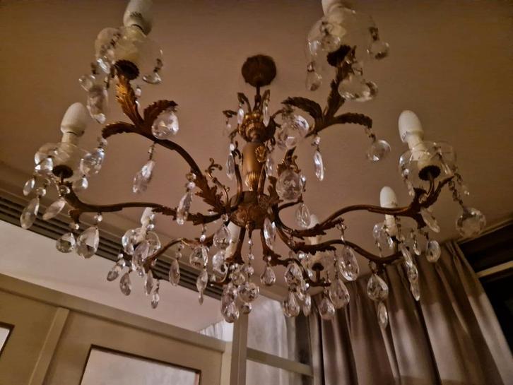 Klassieke kroonluchter met kristallen, Huis en Inrichting, Lampen | Kroonluchters, Gebruikt, Glas, Metaal, Ophalen
