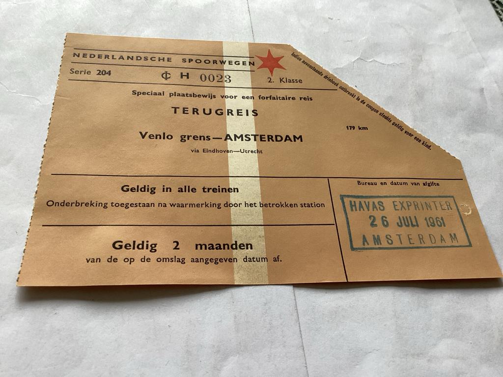 Oude NS Treinkaart Venlo-Amsterdam 1961, Ophalen of Verzenden, Gebruikt, Trein, Kaart of Prent