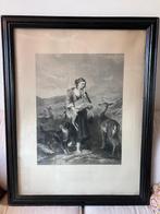 Lithografie zwart-wit van meisje met ree, Antiek en Kunst, Ophalen