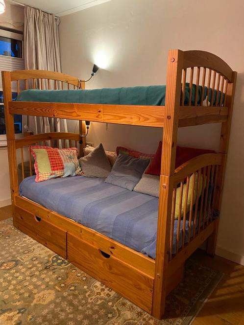Massief Grenen Stapelbed met opberglades, Huis en Inrichting, Slaapkamer | Stapelbedden en Hoogslapers, Gebruikt, Stapelbed, 100 cm