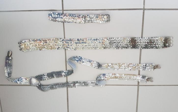 Hoofdband, Tailleband, Bretels, zilver en goud pailletten, Hobby en Vrije tijd, Feestartikelen, Nieuw, Feestartikel, Carnaval