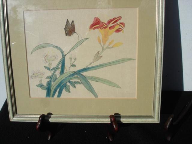 Chinees op zijde geschilderd vlinder met bloemen '70, Antiek en Kunst, Kunst | Niet-Westerse kunst, Ophalen of Verzenden