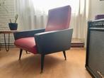 Vintage Fauteuil Rood Skai & Zwart Hout, Huis en Inrichting, Fauteuils, Ophalen, Gebruikt, 75 tot 100 cm, 50 tot 75 cm
