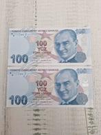 Turkije 100 Lira Biljetten 2 stuks UNC, Postzegels en Munten, Bankbiljetten | Europa | Niet-Eurobiljetten, Ophalen of Verzenden