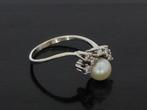 6 diamanten parel 14k wit gouden dames ring vintage luxe, Met edelsteen, Voordeelsieraden, Ophalen of Verzenden, Dame