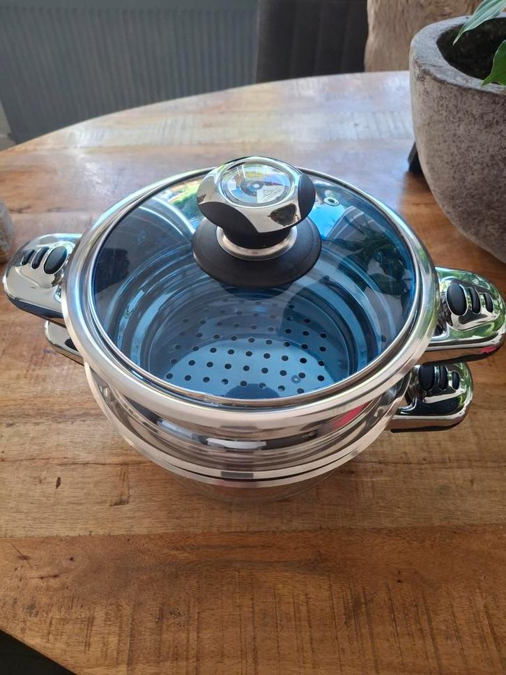RVS Stoompan met Glasdeksel, Huis en Inrichting, Keuken | Potten en Pannen, Zo goed als nieuw, Kookpan of Snelkookpan, Rvs, Inductieplaat
