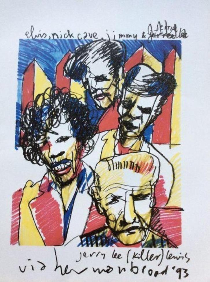 Herman Brood litho Elvis vrij bieden friends Jimi hendrix, Antiek en Kunst, Kunst | Litho's en Zeefdrukken, Ophalen of Verzenden