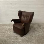 Oude leren oorfauteuil vintage stoel leer fauteuil, Huis en Inrichting, Fauteuils, Leer, Ophalen