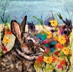 Schilderij konijn in bloemenveld, Ophalen of Verzenden