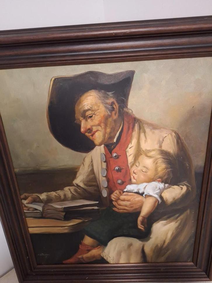 Schilderij: Oude man met slapend kind, Antiek en Kunst, Kunst | Schilderijen | Klassiek, Ophalen of Verzenden