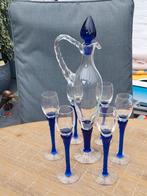 Murano likeur karaf met 6 glaasjes met blauwe gedraaide stee, Antiek en Kunst, Antiek | Glas en Kristal, Ophalen