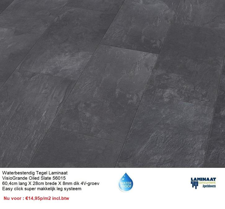 Waterbestendig Tegel Laminaat Oiled Slate 56015 Antraciet, Huis en Inrichting, Stoffering | Vloerbedekking, Nieuw, Laminaat, Grijs