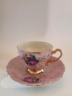 Vintage Versailles kop en schotel – porselein, roze met goud, Ophalen of Verzenden, Gebruikt, Porselein, Kop en/of schotel