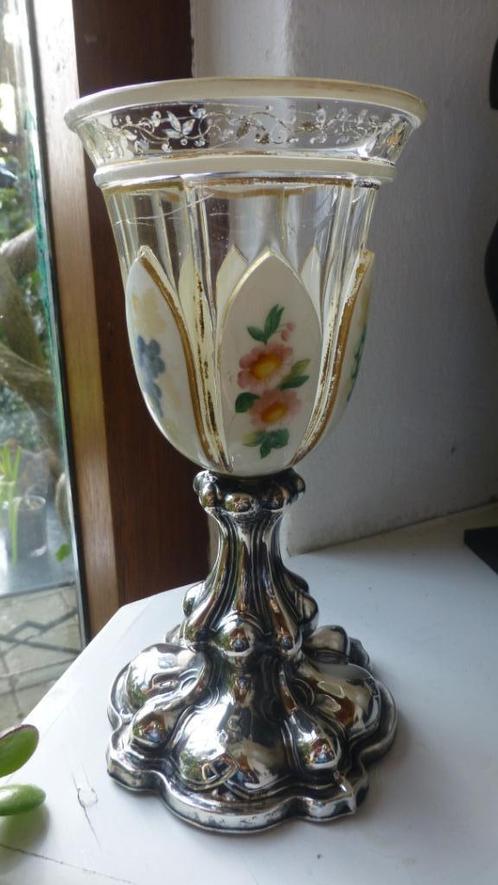 Antieke Bokaal Boheems Glas op vol Zilveren Voet Jugendstil, Antiek en Kunst, Antiek | Overige Antiek, Verzenden