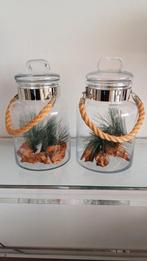2 glazen potten met deksel, hengsel van touw, Ophalen, Zo goed als nieuw