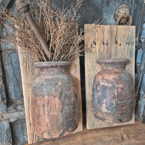 Wandpaneel houten pot, nepalese kruik, landelijk hout, Huis en Inrichting, Woonaccessoires | Wanddecoraties, Nieuw, Ophalen of Verzenden