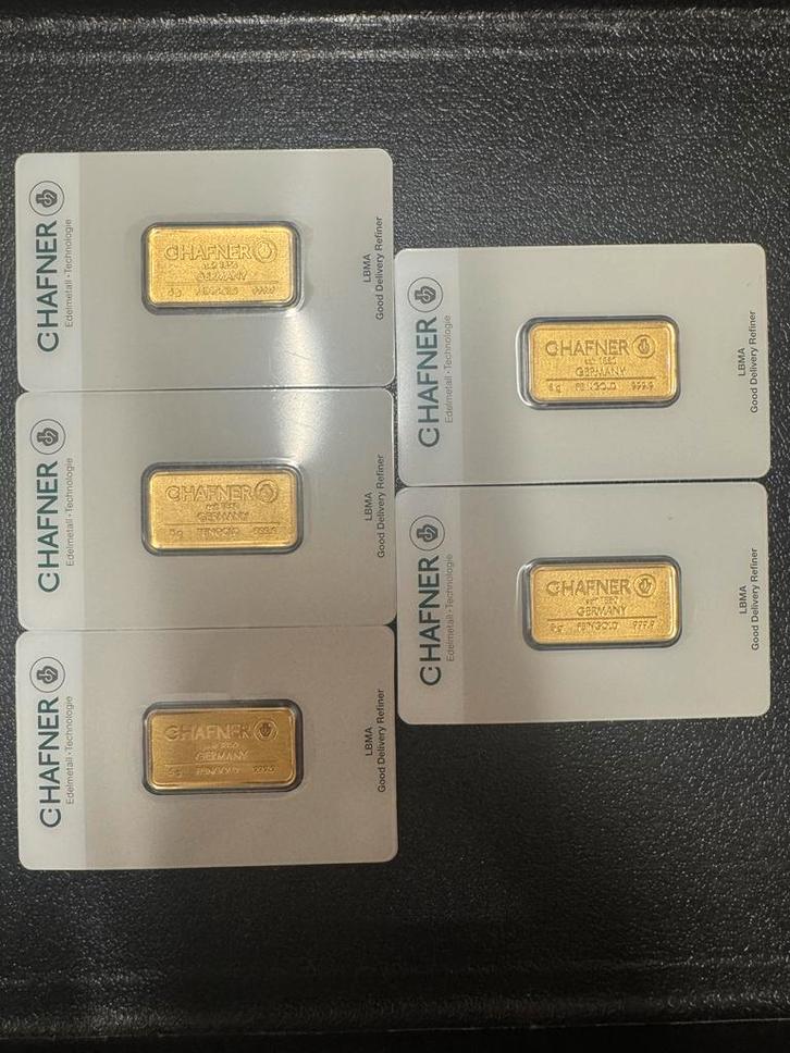 5x 5 gram = 25 gram! Goudbaren C. Hafner met certificaat, Postzegels en Munten, Edelmetalen en Baren, Goud, Ophalen of Verzenden