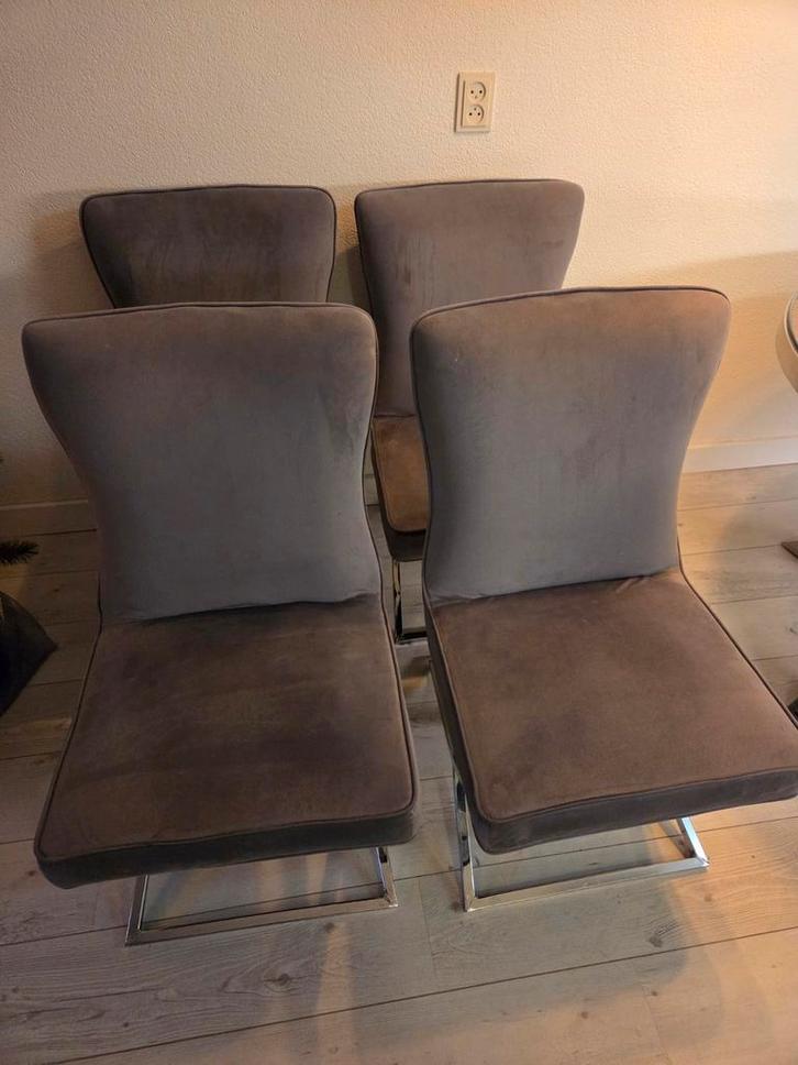 4 eetkamerstoelen - Eric Kuster style - Grijs, Huis en Inrichting, Stoelen, Metaal, Stof, Grijs, Ophalen