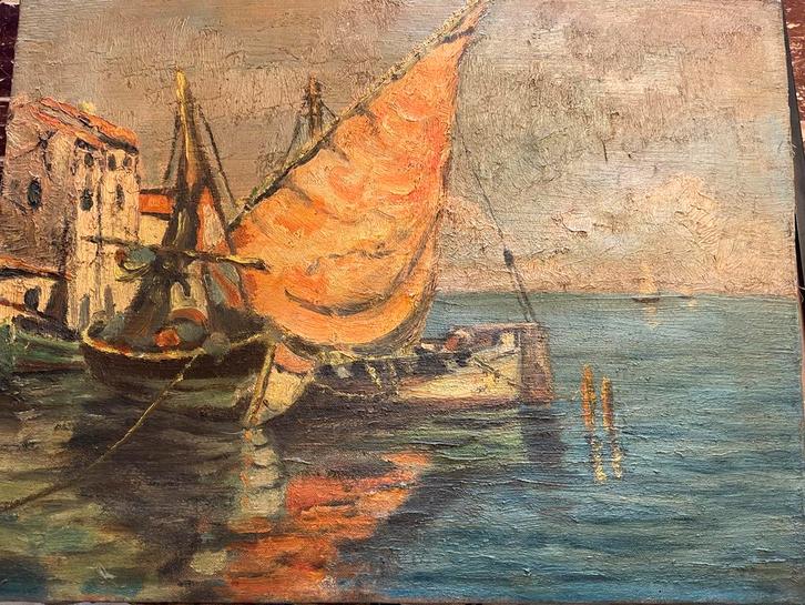 Olieverfschilderij: Boten in Venetië 35 x 45 cm, Antiek en Kunst, Kunst | Schilderijen | Klassiek, Ophalen