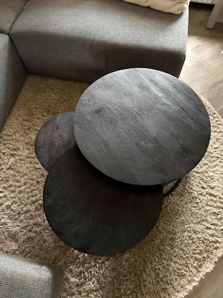 Zwarte Salontafel Set (3-delig), Huis en Inrichting, Tafels | Salontafels, Gebruikt, Minder dan 50 cm, 50 tot 100 cm, Rond, Metaal