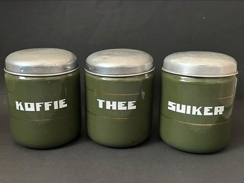 Donkergroen Koffie, Thee & Suiker Voorraadbussen met Bies, Antiek en Kunst, Antiek | Emaille, Ophalen of Verzenden