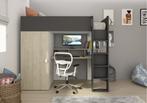 Flow hoogslaper met bureau en kast - 90x200 - Eiken/antracie, Niet ingevuld, Niet ingevuld, Niet ingevuld