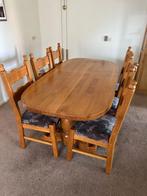 Hangemaakte Frans eiken eettafel met 6 stoelen, Ophalen of Verzenden, Gebruikt, 4 tot 6 stoelen