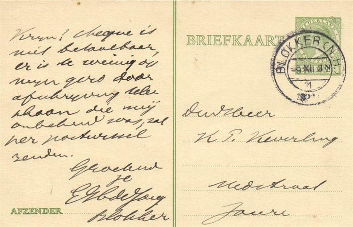 De Jong, Blokker - 12.192? - briefkaart, Postzegels en Munten, Brieven en Enveloppen | Nederland, Envelop, Ophalen of Verzenden