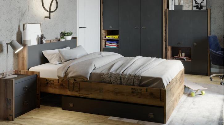 Fargo 1-persoonsbed - Eikenkleur/antraciet, Kinderen en Baby's, Kinderkamer | Bedden