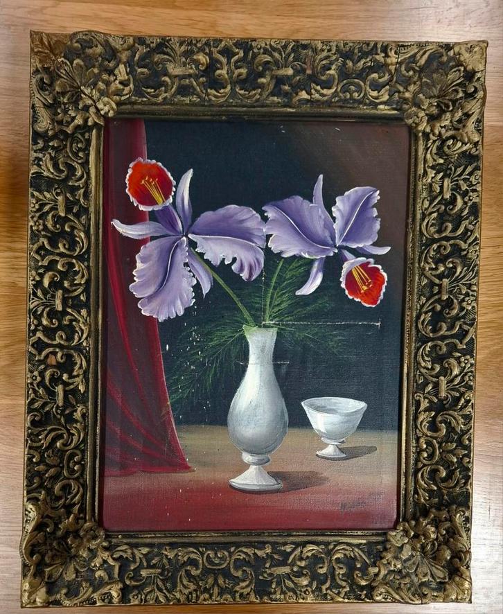 Olieverfschilderij met bloemen in vaas, Antiek en Kunst, Kunst | Schilderijen | Klassiek, Ophalen of Verzenden