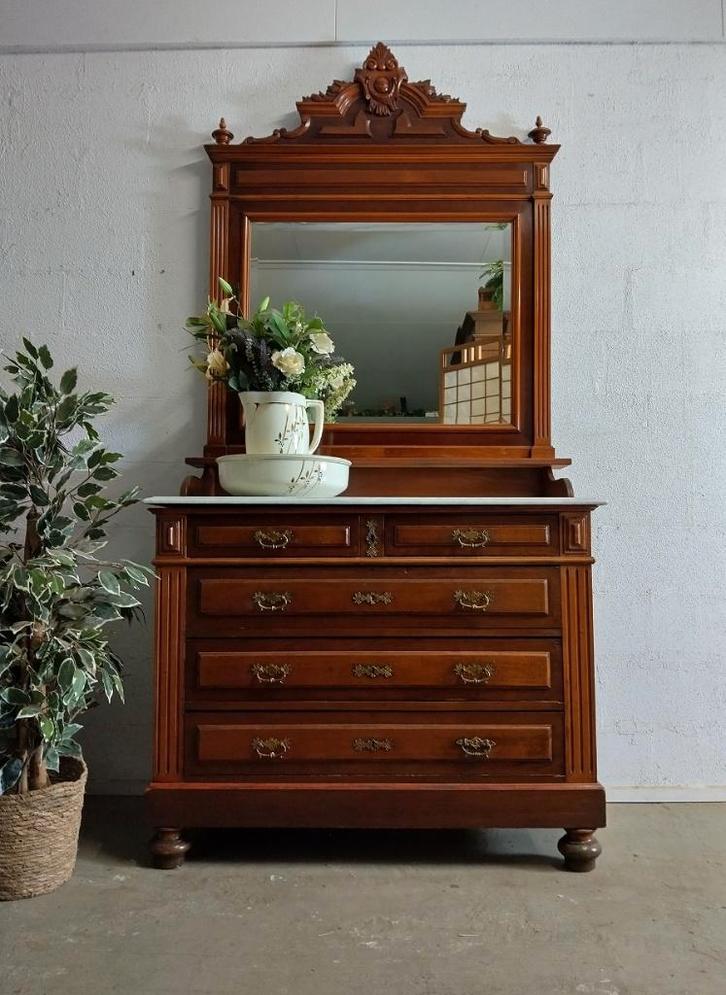 Eiken waskast ladekast commode met marmeren blad en spiegel, Huis en Inrichting, Kasten | Ladekasten, Gebruikt, 200 cm of meer