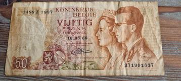 Oude Belgische 50 Frank Biljet - 1966 beschikbaar voor biedingen