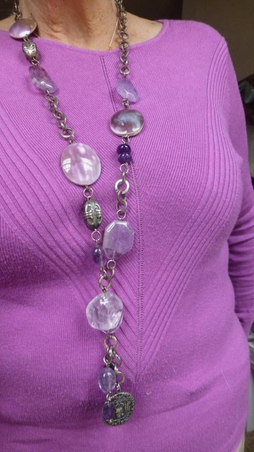 lang Collier grote Oester Kralen en AMETHIST / gesigneerd, Sieraden, Tassen en Uiterlijk, Kettingen, Zo goed als nieuw, Steen of Mineraal