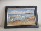 Olieverfschilderij van strandgezicht met spelende kinderen., Ophalen of Verzenden