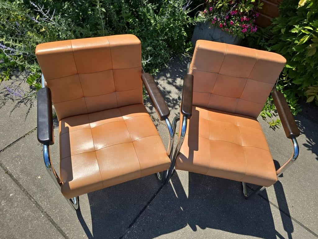 Cognac kleurige kalfslederen fauteuils Loods 5, Ophalen, Gebruikt, Twee, Bruin
