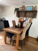 Houten eettafel robuust ecentueel met 6 stoelen, Ophalen of Verzenden, Gebruikt, Landelijk, 4 tot 6 stoelen