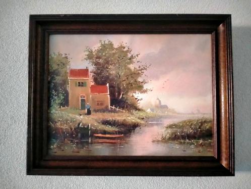 Gesigneerd landschapsschilderij, linnen doek in mooie lijst, Antiek en Kunst, Kunst | Schilderijen | Klassiek, Ophalen