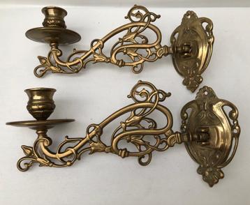 2 Antieke Jugenstill Koperen wand/piano kandelaars beschikbaar voor biedingen