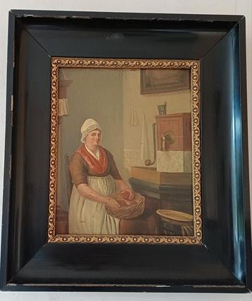 Antiek Schilderij: Vrouw in Keuken beschikbaar voor biedingen