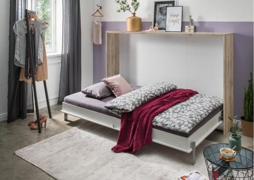 Opklapbed Juist wit met eikenkleur horizontaal twijfelaar, Huis en Inrichting, Slaapkamer | Bedden