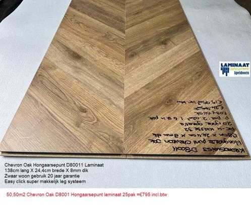 50,50m2 Chevron Oak D80011 Hongaarsepunt laminaat 25pak=€795, Huis en Inrichting, Stoffering | Vloerbedekking, Nieuw, Laminaat