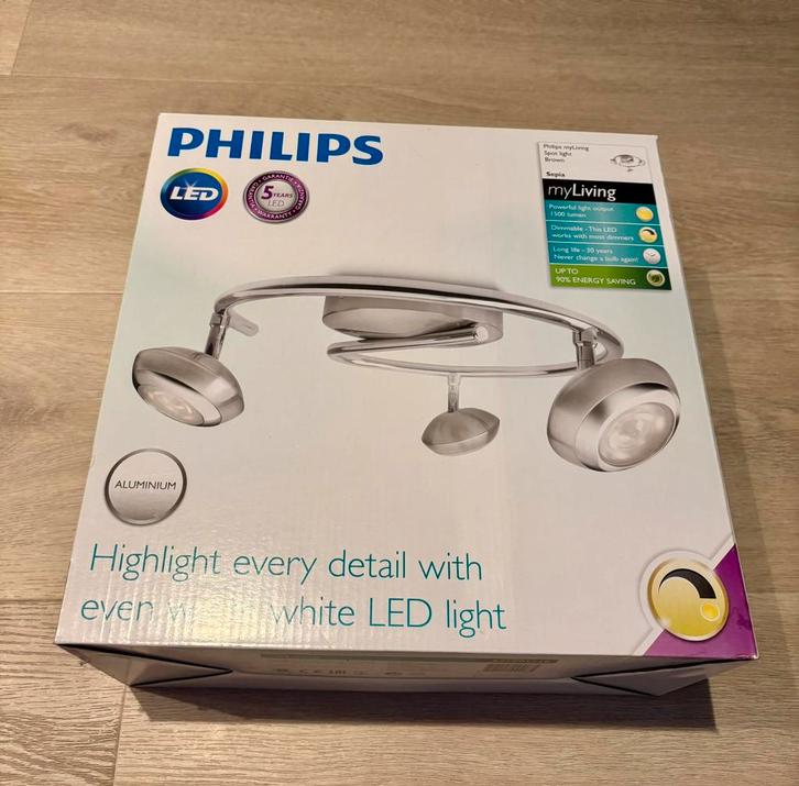 Philips myLiving Sepia plafondspot - 3 spots - LED - Wit, Huis en Inrichting, Lampen | Spots, Nieuw, Plafondspot of Wandspot, Metaal of Aluminium