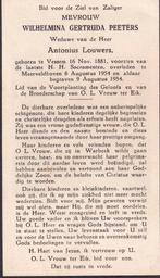 Peeters Wilhelmina 1881 Vessem 1954 Meerveldhoven, Ophalen of Verzenden, Bidprentje
