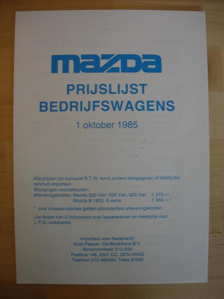 Mazda B2000 E2000 E2200 323 626 929 Prijslijst Brochure 1985, Boeken, Auto's | Folders en Tijdschriften, Zo goed als nieuw, Mazda