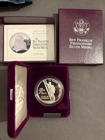 USA Ben Franklin Firefighters Medal Proof 1992 - 1 Oz zilver beschikbaar voor biedingen