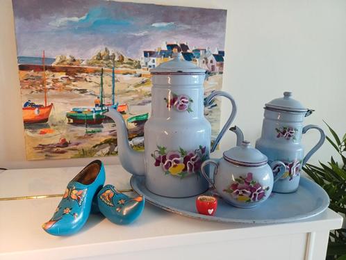 Lila Emaille Set met Viooltjes - 4 Delig, Antiek en Kunst, Antiek | Emaille, Ophalen of Verzenden