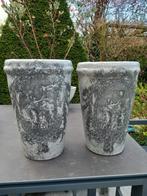 Twee hoge grijze brocante bloempotten geglazuurd zonder gat., Tuin en Terras, Ophalen, Rond, Zo goed als nieuw, Aardewerk