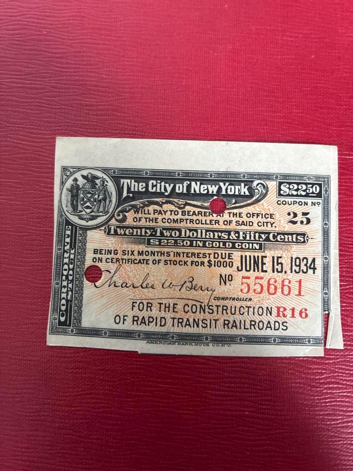 New York Obligatie Coupon 1934, Postzegels en Munten, Aandelen en Waardepapieren, Obligatie of Lening, 1920 tot 1950, Ophalen of Verzenden