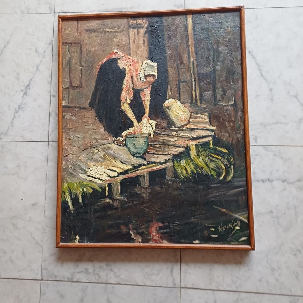 Schilderij van een vrouw bij het wassen olieverf  Wetering, Antiek en Kunst, Ophalen of Verzenden