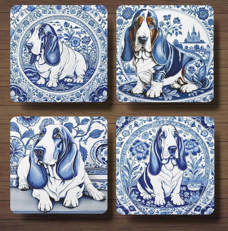 Basset Hound Delfts Blauw onderzetters met houder, Huis en Inrichting, Woonaccessoires | Onderzetters, Nieuw, Glas of Kopje, Ophalen of Verzenden